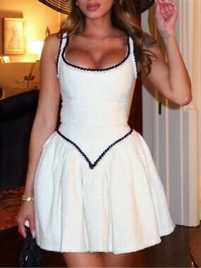 White Textured Sweetheart Neckline Dress with Black Trim